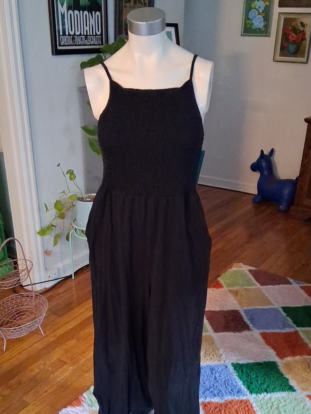 GAP Black Smocked Bodice Wide-Leg Jumpsuit